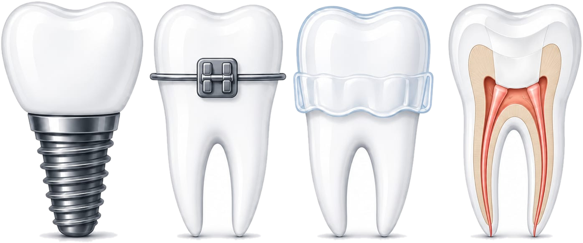 Implant, Braces, Aligner, and Root Canal tooth illustration